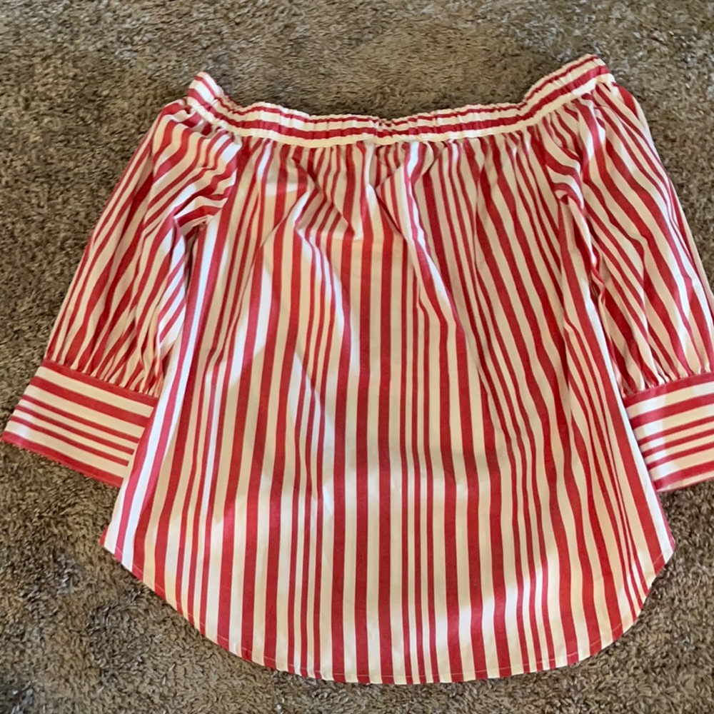Red stripe off the shoulder top